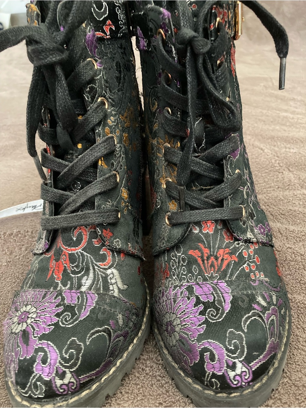 DIBA- Women’s Black Floral Embroidered Lace-Up Ankle Boots with zipper - Picture 3 of 8